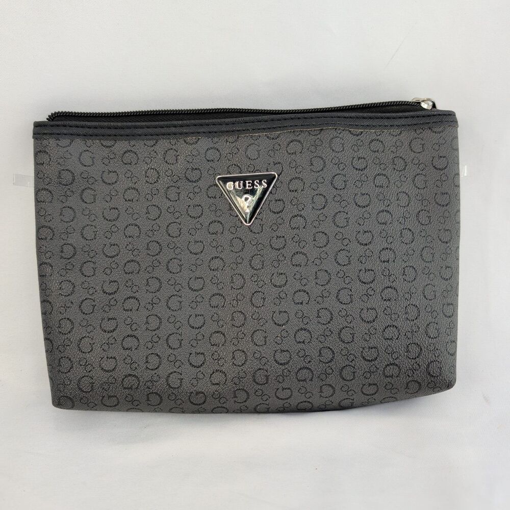 Guess Pouch G Logo Monogram Cosmetic Makeup Bag Clutch Gray Black Silver Tone